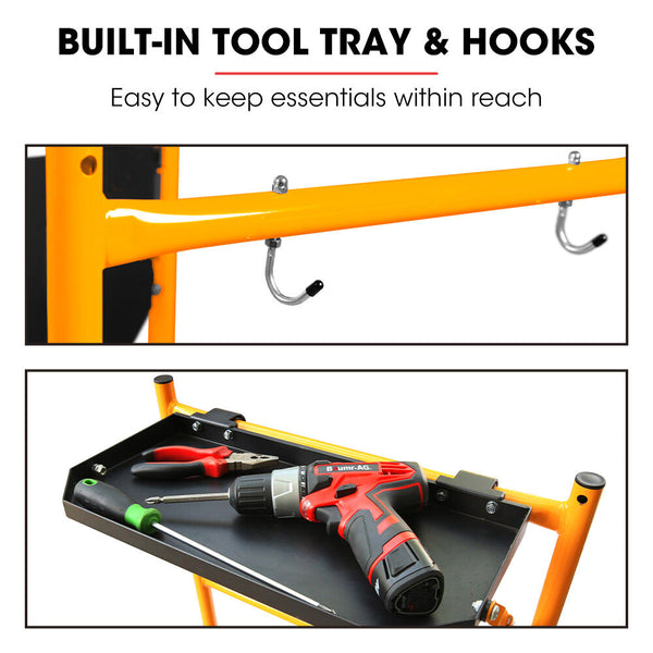 Baumr Ag Mobile Scaffold Platform 226Kg Load Steel Frame Dual Height Folding For Easy Transport And Storage Locking Castors Tool Tray Scaffolding