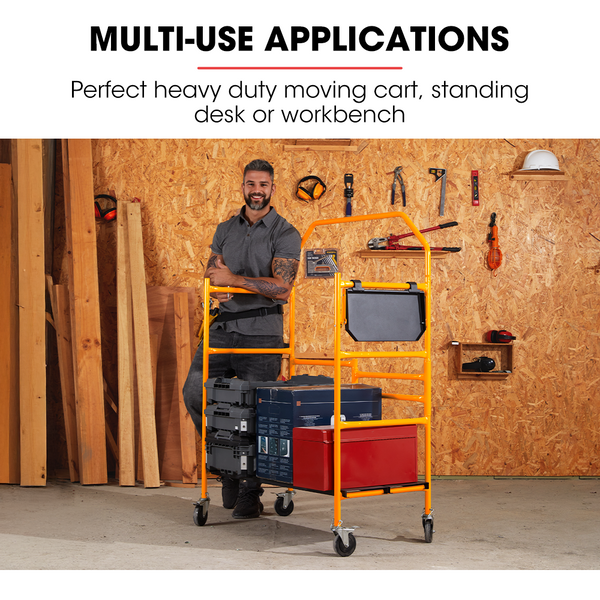 Baumr Ag Mobile Scaffold Platform 226Kg Load Steel Frame Dual Height Folding For Easy Transport And Storage Locking Castors Tool Tray Scaffolding