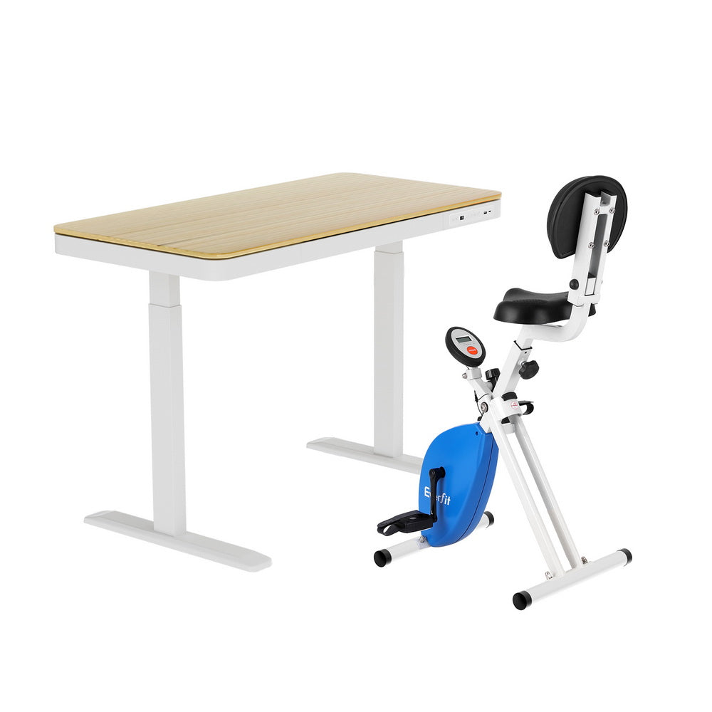 Artiss Under Desk Folding X Bike With 120Cm Automatic Standing Desk Magnetic Resistance Oak Exercise Bikes