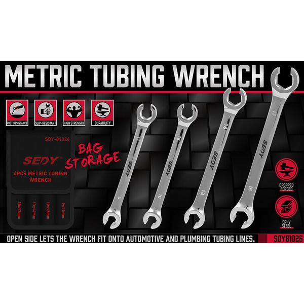 Sedy 4Pc Flare Nut Wrench Set Offset End Spanner Metric Cr V Steel Storage Pouch Wrench Sets