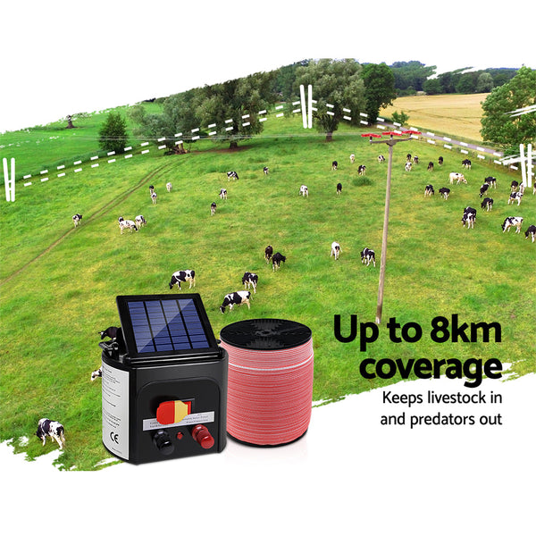 Giantz Fence Energiser 8Km Solar Powered Electric 1200M Poly Tape Electric Fencing