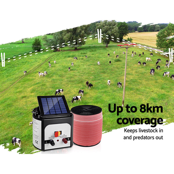 Giantz Fence Energiser 8Km Solar Powered Electric 2000M Poly Tape Electric Fencing