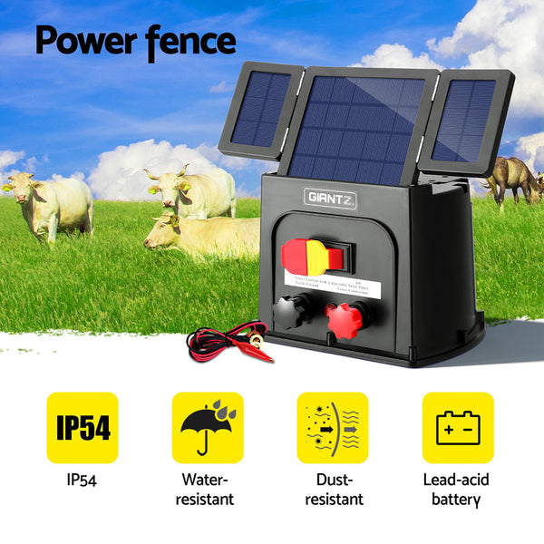 Giantz 3Km Electric Fence Energiser Pet Solar Energizer 0.1J Electric Fencing