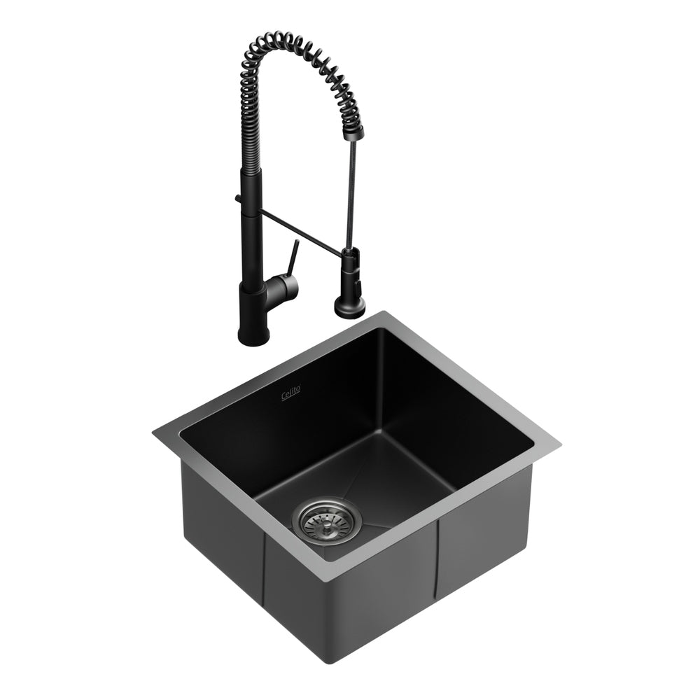 Cefito Stainless Steel Sink 51X45cm With Pull Out Mixer Tap Kitchen Single Bowl Black Kitchen Sinks