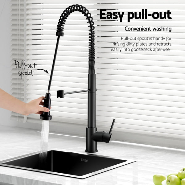 Cefito Stainless Steel Sink 51X45cm With Pull Out Mixer Tap Kitchen Single Bowl Black Kitchen Sinks