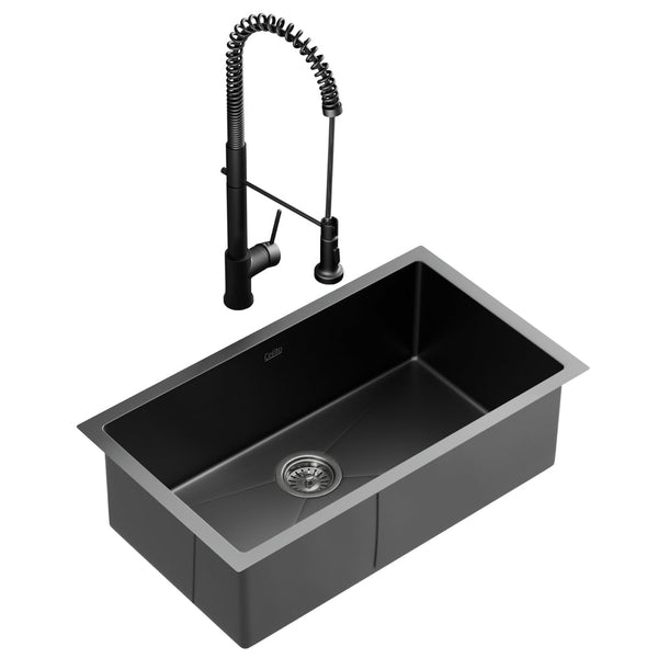 Cefito Stainless Steel Sink 70X45cm With Pull Out Mixer Tap Kitchen Basin Single Bowl Black Kitchen Sinks