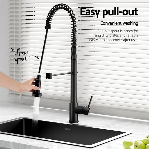 Cefito Stainless Steel Sink 70X45cm With Pull Out Mixer Tap Kitchen Basin Single Bowl Black Kitchen Sinks