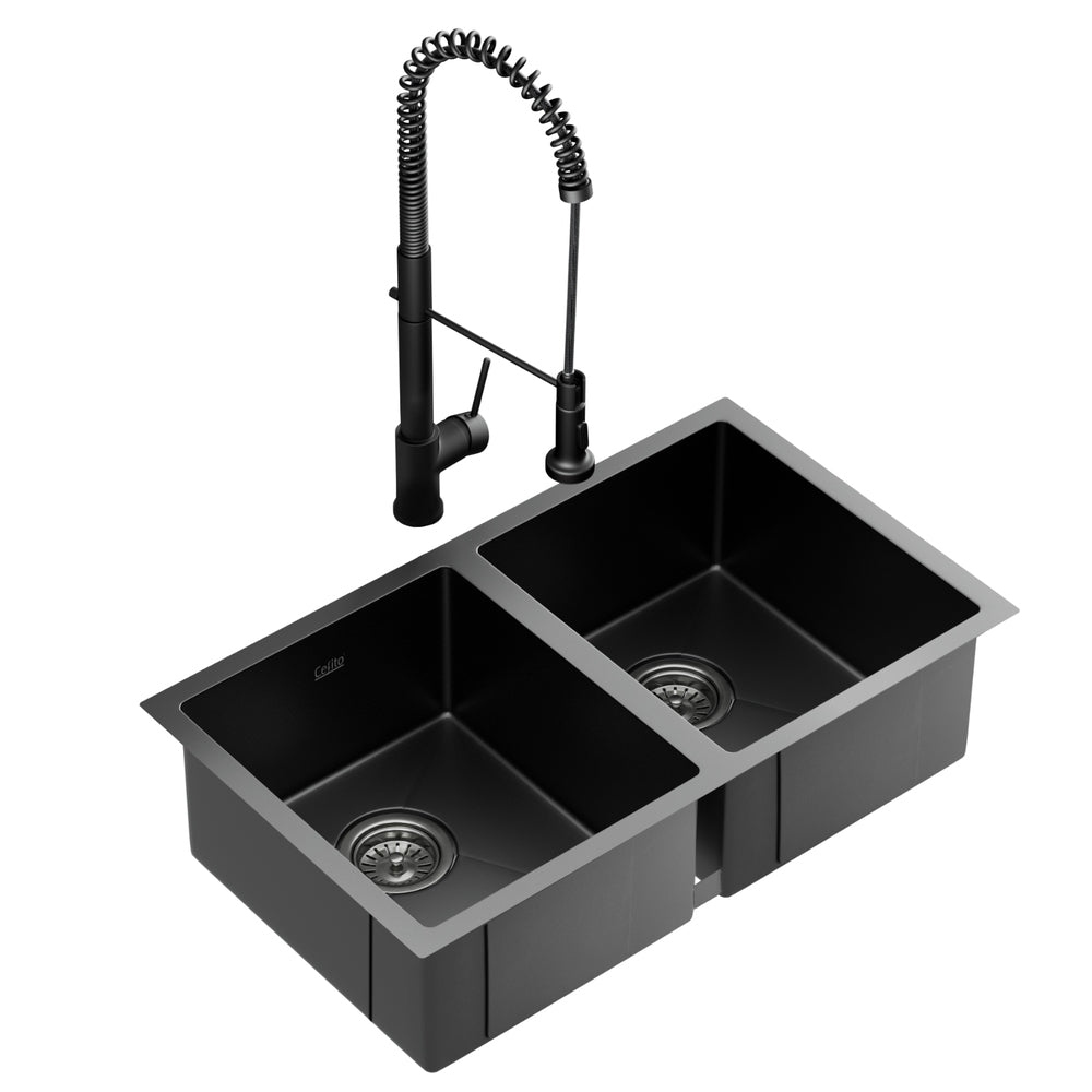 Cefito Stainless Steel Sink 77X45cm With Pull Out Mixer Tap Kitchen Double Bowl Black Kitchen Sinks