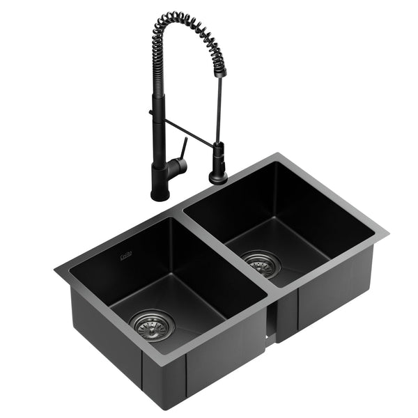 Cefito Stainless Steel Sink 77X45cm With Pull Out Mixer Tap Kitchen Double Bowl Black Kitchen Sinks