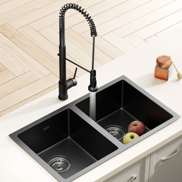 Cefito Stainless Steel Sink 77X45cm With Pull Out Mixer Tap Kitchen Double Bowl Black Kitchen Sinks