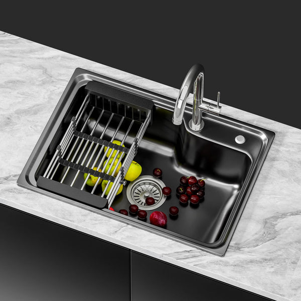 Cefito Kitchen Sink 61X43cm Stainless Steel Basin Single Bowl Black Drain Basket Kitchen Sinks