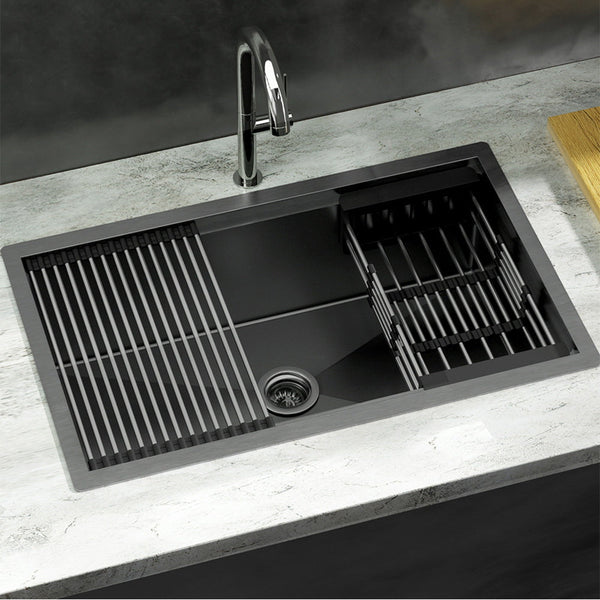 Cefito Kitchen Sink 70X45cm Stainless Steel Single Bowl Drain Rack Basket Black Kitchen Sinks
