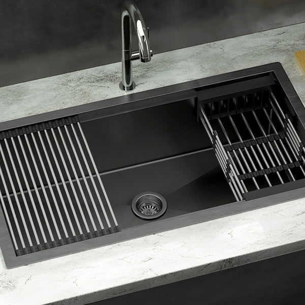 Cefito Kitchen Sink 81X45cm Stainless Steel Single Bowl Drain Rack Basket Black Kitchen Sinks