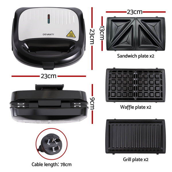 Devanti 3 In 1 Sandwich Press Waffle Maker Panini Press Grill 850W Waffle Makers