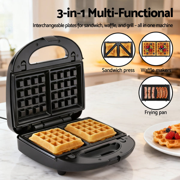 Devanti 3 In 1 Sandwich Press Waffle Maker Panini Press Grill 850W Waffle Makers