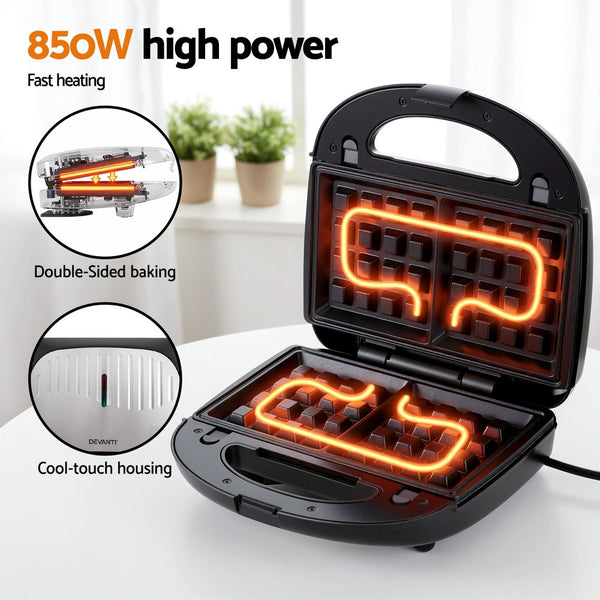 Devanti 3 In 1 Sandwich Press Waffle Maker Panini Press Grill 850W Waffle Makers