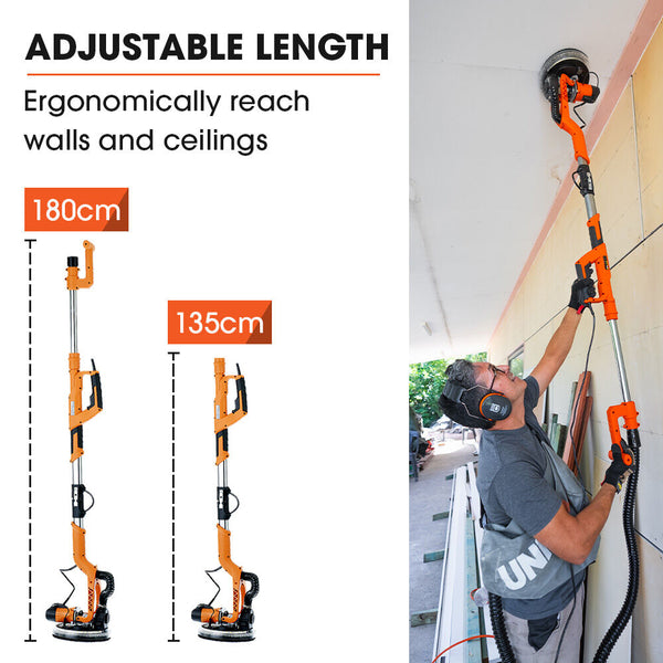 Unimac 225Mm 750W Telescopic Long Reach Dry Wall Sander Kit Foldable Vacuum System Led Worklight 6X Sanding Discs Drywall Tools
