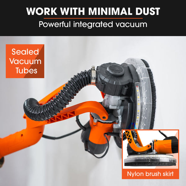 Unimac 225Mm 750W Telescopic Long Reach Dry Wall Sander Kit Foldable Vacuum System Led Worklight 6X Sanding Discs Drywall Tools