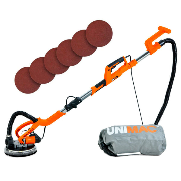 Unimac 225Mm 750W Telescopic Long Reach Dry Wall Sander Kit Foldable Vacuum System Led Worklight 6X Sanding Discs Drywall Tools