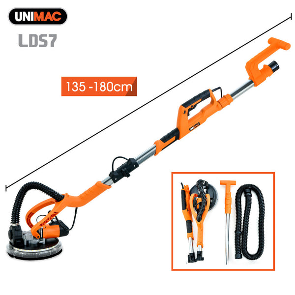 Unimac 225Mm 750W Telescopic Long Reach Dry Wall Sander Kit Foldable Vacuum System Led Worklight 6X Sanding Discs Drywall Tools