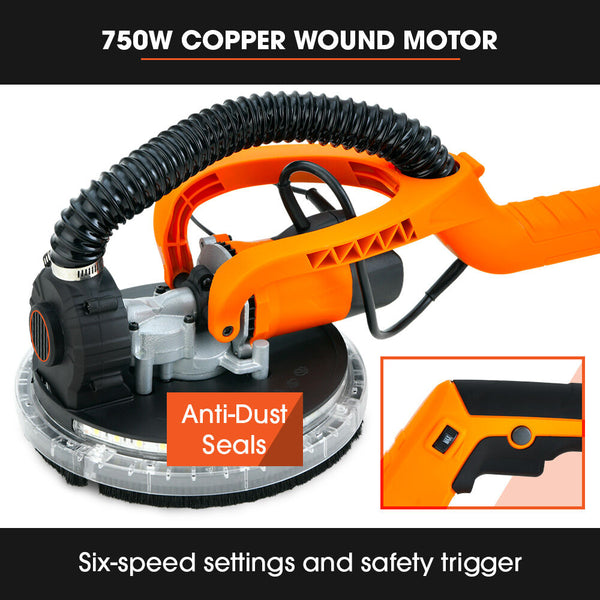Unimac 225Mm 750W Telescopic Long Reach Dry Wall Sander Kit Foldable Vacuum System Led Worklight 6X Sanding Discs Drywall Tools
