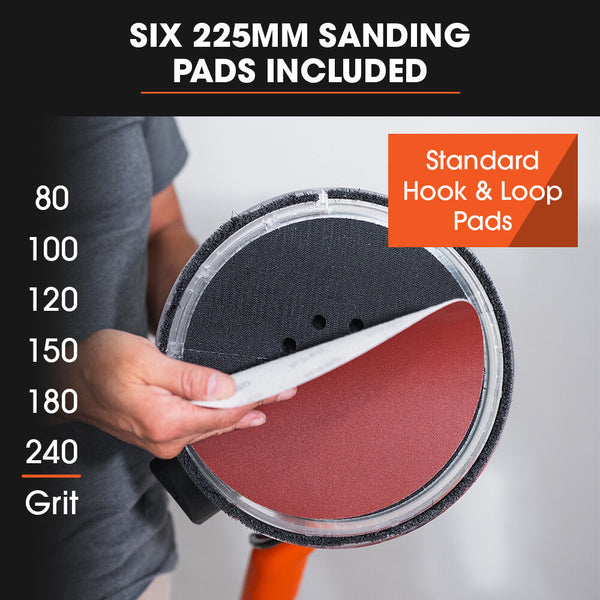Unimac 225Mm 750W Telescopic Long Reach Dry Wall Sander Kit Foldable Vacuum System Led Worklight 6X Sanding Discs Drywall Tools