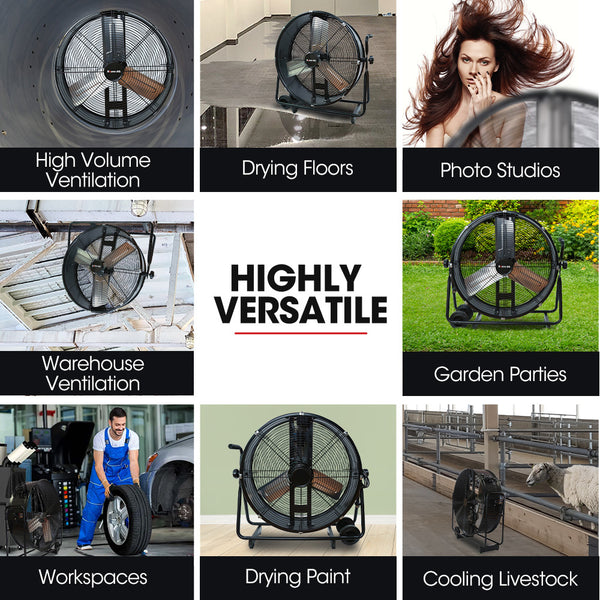 Baumr Ag 24' 610Mm 260W Industrial Mobile Floor Drum Fan Tilting Large Commercial Heavy Duty Frame Eess Certified Portable Fans