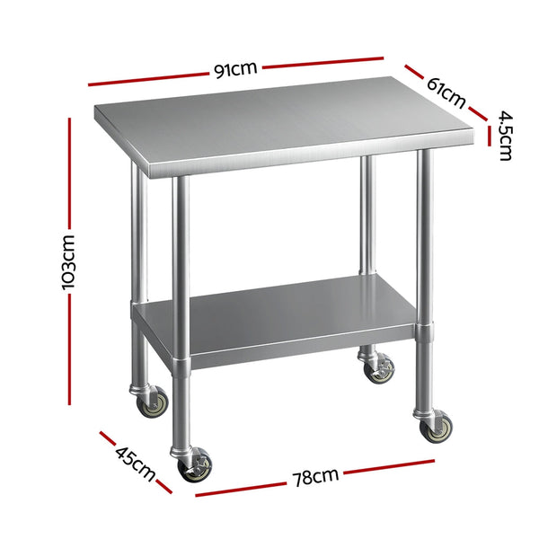 Cefito Stainless Steel Kitchen Benches Work Wheels 91X61cm 430 Work Benches