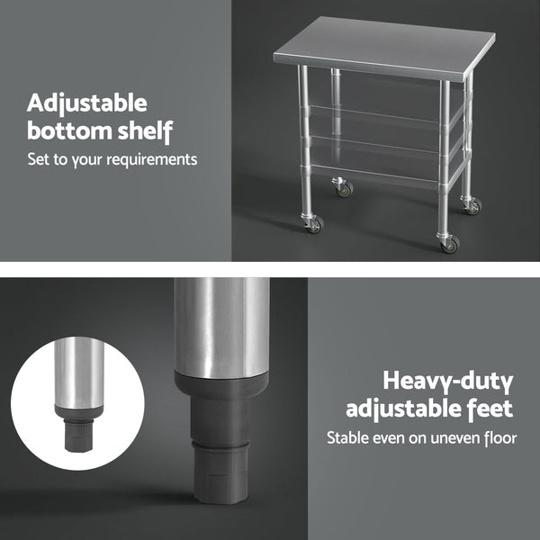 Cefito Stainless Steel Kitchen Benches Work Wheels 91X61cm 430 Work Benches