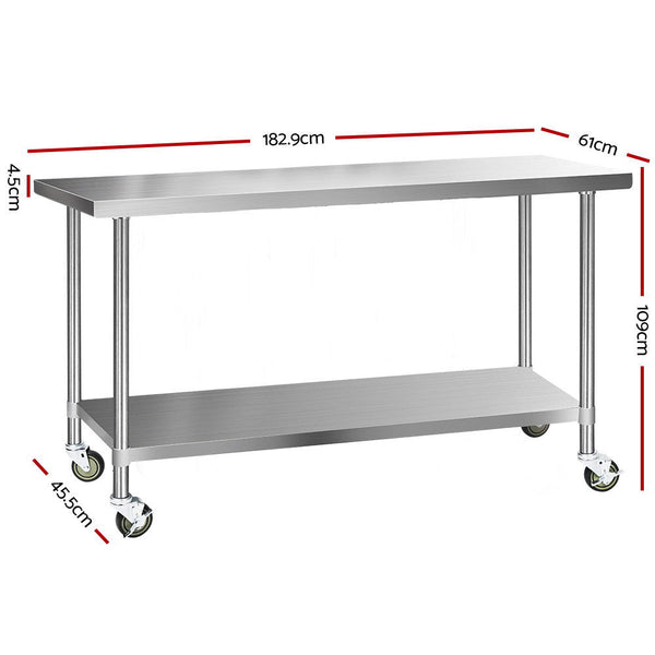 Cefito 1829X610mm Stainless Steel Kitchen Bench With Wheels 430 Work Benches