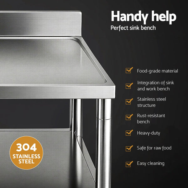 Cefito Stainless Steel Kitchen Bench Work Table With Sink Splashback 120Cm Work Benches