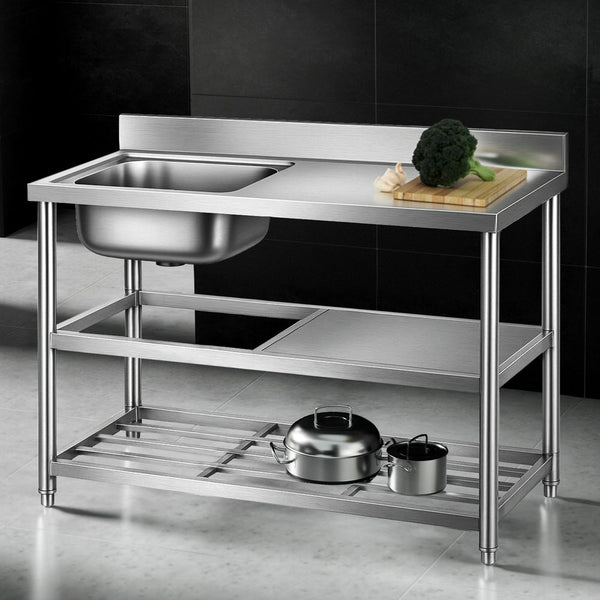 Cefito Stainless Steel Kitchen Bench Work Table With Sink Splashback 120Cm Work Benches