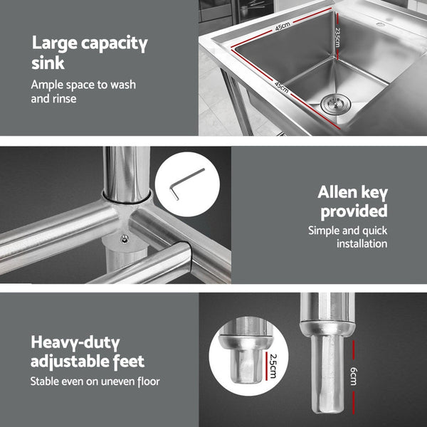 Cefito Stainless Steel Sink Bench Kitchen Work Benches Bowl Wheels 304 Kitchen Sinks