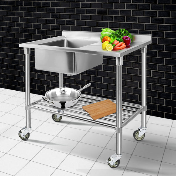 Cefito Stainless Steel Sink Bench Kitchen Work Benches Bowl Wheels 304 Kitchen Sinks