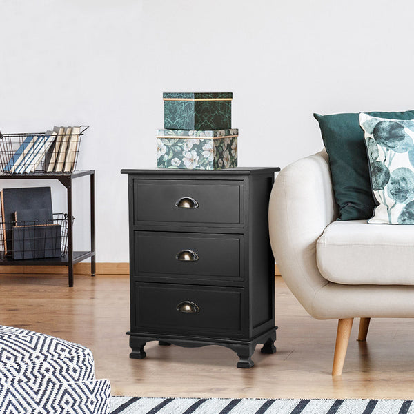 Artiss Bedside Table 3 Drawers Vintage Thyme Black Bedside Tables
