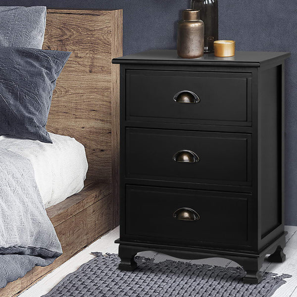 Artiss 2X Bedside Table 3 Drawers Vintage Thyme Black Bedside Tables