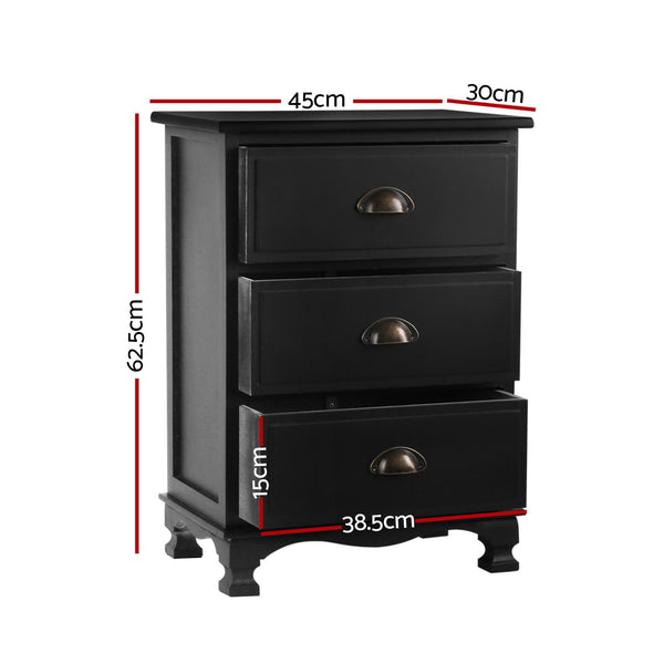Artiss 2X Bedside Table 3 Drawers Vintage Thyme Black Bedside Tables