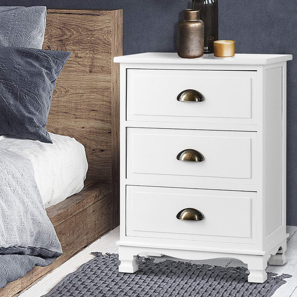 Artiss 2X Bedside Table 3 Drawers Vintage Thyme White Bedside Tables