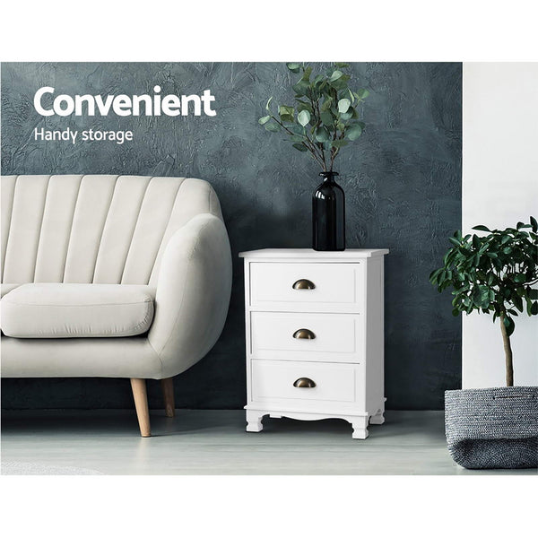 Artiss 2X Bedside Table 3 Drawers Vintage Thyme White Bedside Tables