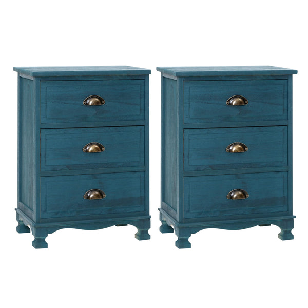 Artiss 2X Bedside Table 3 Drawers Vintage Thyme Blue Bedside Tables