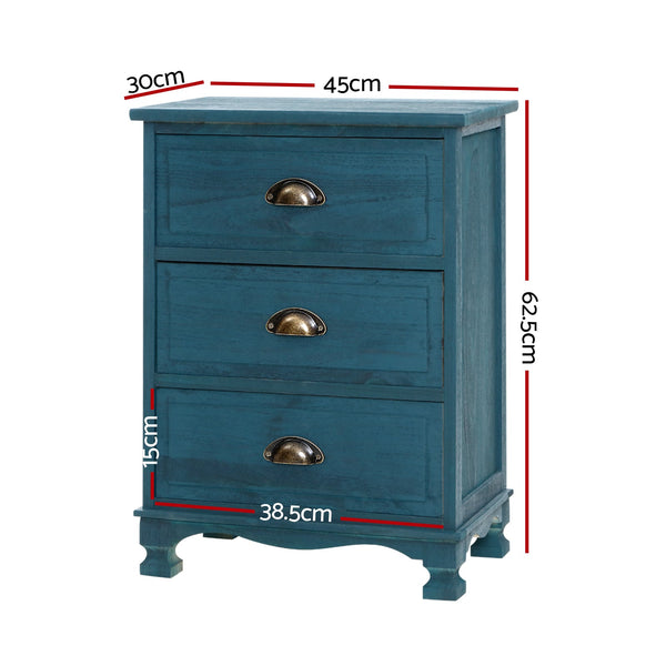 Artiss 2X Bedside Table 3 Drawers Vintage Thyme Blue Bedside Tables