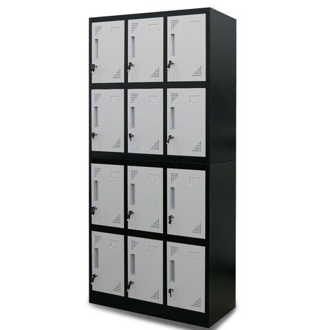 Fortia 12 Door Metal Storage Locker Cabinet Gym Office Lockers Compartment Black & Light Grey Cabinets & Cupboards