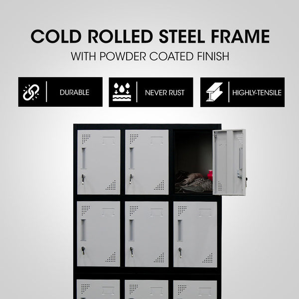Fortia 12 Door Metal Storage Locker Cabinet Gym Office Lockers Compartment, Black & Light Grey Cabinets & Cupboards