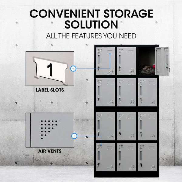 Fortia 12 Door Metal Storage Locker Cabinet Gym Office Lockers Compartment, Black & Light Grey Cabinets & Cupboards