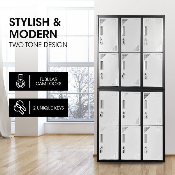 Fortia 12 Door Metal Storage Locker Cabinet Gym Office Lockers Compartment, Black & Light Grey Cabinets & Cupboards