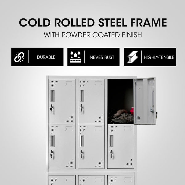 Fortia 12 Doors Locker Cabinet Metal Storage Gym Home Office School Light Grey Cabinets & Cupboards