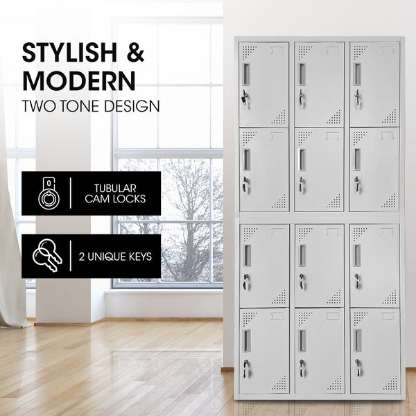 Fortia 12 Doors Locker Cabinet Metal Storage Gym Home Office School Light Grey Cabinets & Cupboards