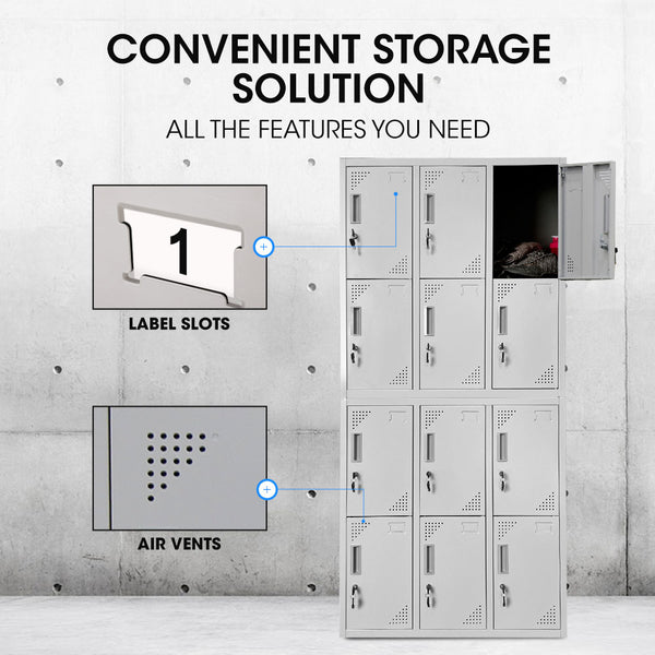 Fortia 12 Doors Locker Cabinet Metal Storage Gym Home Office School Light Grey Cabinets & Cupboards