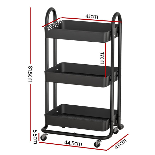 Artiss Storage Trolley Kitchen Cart 3 Tiers Rack Shelf Organiser Wheels Black Kitchen Carts