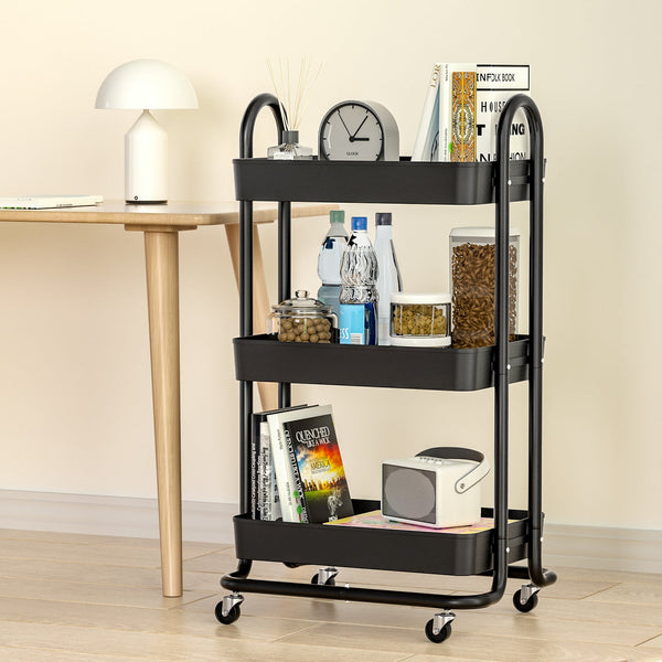 Artiss Storage Trolley Kitchen Cart 3 Tiers Rack Shelf Organiser Wheels Black Kitchen Carts
